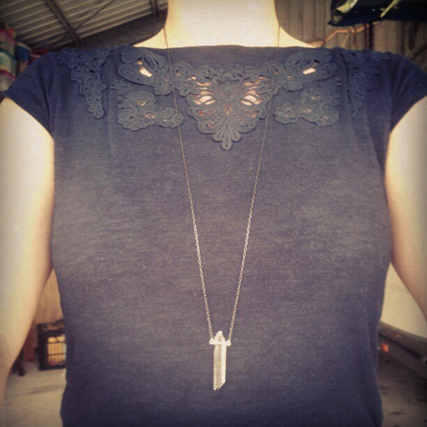 long black oxidized necklace with crystal pendant